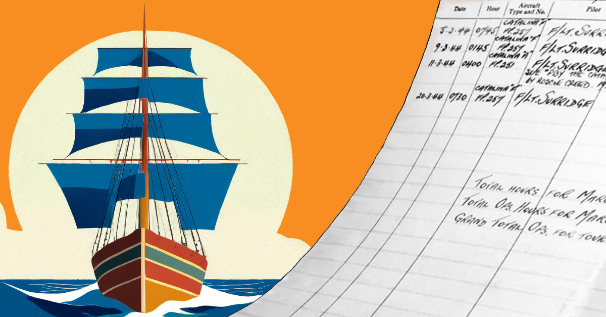 sfondo arancione con barca che naviga su mare blu_a destra foglio bianco di registro eventi